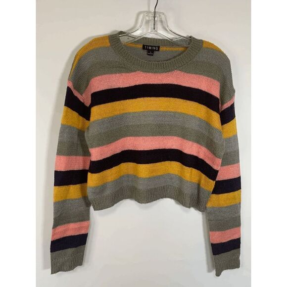 TIMING Women's Tight-Knit Multicolor Stripe Pullover Crop Sweater Size M - Picture 1 of 6